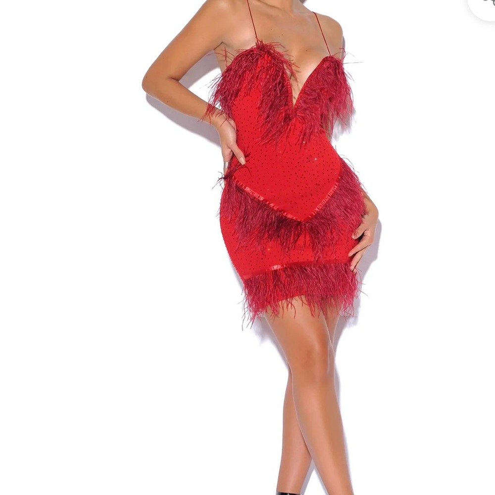 Red Feather-Trim Mini Dress - Strappy Plunge Neck